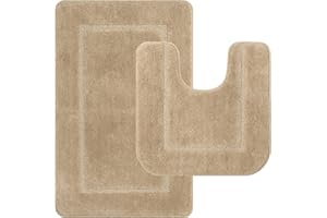 Pauwer Lot de 2 Tapis de Bain Absorbants Antidérapants pour Salle de Bain, Microfibre Tapis de Toilette, Tapis de Bain Carpette Lavable en Machine,Beige, 53 x 86 cm+50 x 50 cm