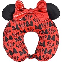 Ful Cuscino cervicale da viaggio Disney Minnie Mouse con orecchie 3D e fiocco per aereo, auto e ufficio, comodo e traspirante, rosso/nero