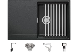 Fregadero Cocina 78 x 50 cm, Fregadero Granito Un Seno + Mezclador de Fregadero + Sifón Clásico + enrollable escurridor, Fregadero Empotrado con Escurridor San Francisco de Primagran, Grafito