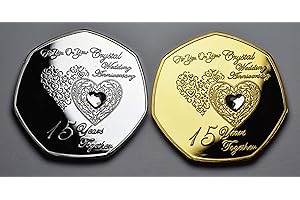 The Commemorative Coin Company Pair of 15th CRYSTAL WEDDING ANNIVERSARY .999 Silver & 24ct Gold Commemoratives with Gemstones. Gift/Present 15 Years Together