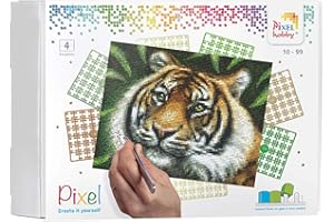 PRACHT CREATIVES HOBBY Pixel P090028 Emballage Cadeau mosaïque Tigre pour Enfants, Image d'environ 20,3 x 25,4 cm, système d'assemblage Simple avec des tesselles en bioplastique, sans Repassage ni Collage