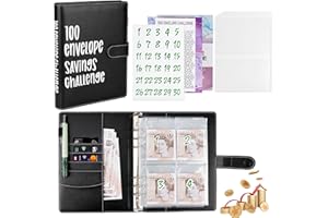 GLOWPOINT A5 Money Saving Challenge Wallet, 100 Envelopes Money Savings Challenge Binder, PU Leather Savings Budget Book with Cash Envelopes (Black, 1 Pack)