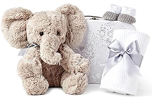 Baby Box Shop - 4 Cadeau Bebe Nouveau-né, Idéal pour Révéler le Genre et Cadeaux de Fête Prénatale - Ensemble Cadeau Unisexe pour Bébé en Peluche Eléphant Blanc