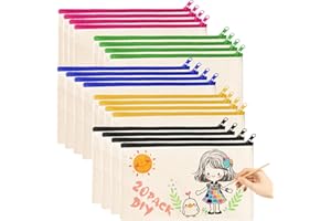 PLAPOT 20 Pezzi Astuccio in Tela Bianco, 21×12cm Borsa di Tela con Cerniera, Astuccio in Tela Bianco Fai da Te Set per Pittura,Scuola,Fai-da-te,Viaggi