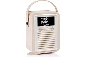 VQ Retro Mini DAB Plus/DAB-radio med Bluetooth, FM och radioväckarklocka funktion - nätdriven och bärbart radiobatteri med an
