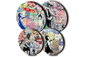 Walarky Banksy Graffiti Round Metal Hob Covers 4-Piece Stove Plate Cooker Hob Covers for Cookers Top Burner Protector Kitchen Cookware Accessories Modern Cooktop Kitchen Decor