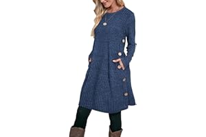 Aokosor Jumper Dress for Women Tunic Dress Ladies Long Sleeve Dress with Pockets Side Buttons Dress for Leggings