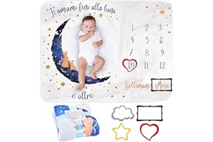 ODOXIA Coperta Mesi Neonato in Italiano | Tappeto Per Maschio O Femmina, Unisex | Regalo Personalizzato Festa Nascituro | Tema Luna | Morbida e Spessa | Cornici Incluse