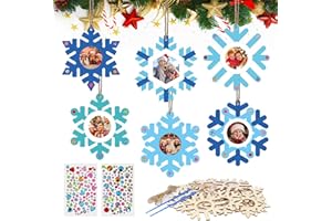 Matogle 12pcs DIY Cadre Photo Flocon Neige en Bois à Colorer avec Pinceaux pour Enfants Loisir Créatif Noël Activité Familiale Fête Deco Suspendu (Peinture non incluse)