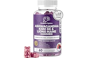 HEALTHIER OPTIONS Ashwagandha KSM-66 and Lions Mane Gummies 4700mg | Enhanced with Ginkgo Biloba, B6, B12 & Magnesium | for Body, Mind & Cognitive Health | High Strength | 3-in-1