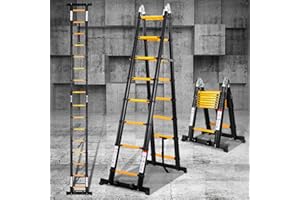 Eulenke Échelle télescopique en Aluminium, escabeau Multi-Usage 5m (2,5m + 2,5m) avec stabilisateur, echelle Pliante Charge maximale : 330lbs / 150 kg, Antidérapante escabeau telescopique, argenté