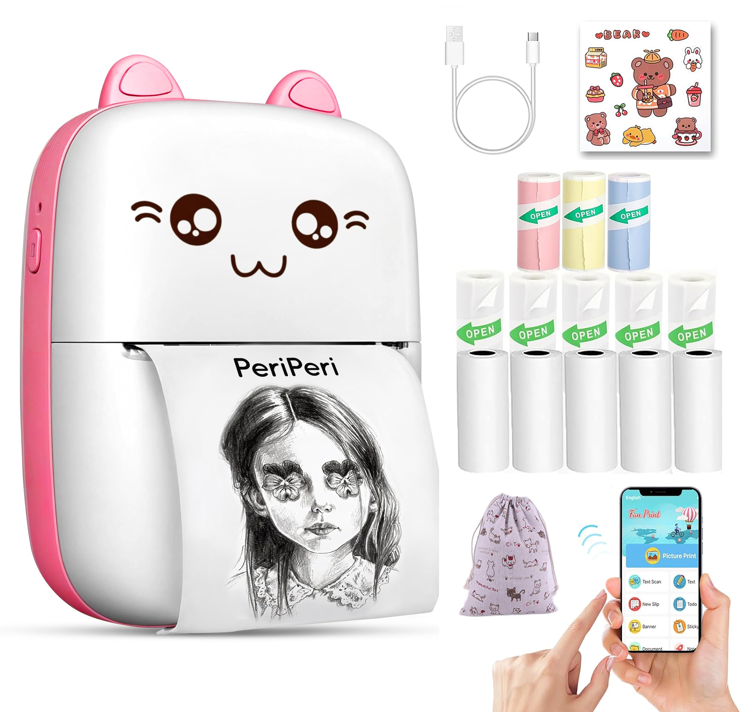 PeriPeri C6 Gift Box Combo Mini Thermal Printer (1Year Warranty) Inkless Bluetooth Pocket Printer with Pouch, 10 Paper & Stic