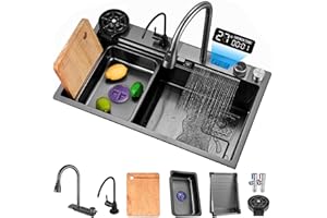 MWIDCIEW Lavello Cucina a Cascata Grigio Scuro Acciaio Inox Lavandino Cucina con Rubinetto Lavello Cucina con Doccetta Estraibile Lavello Cucina Grande 1 vasca con LED Temperature Display (75 x 45 cm)