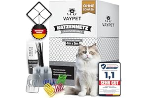 VAYPET® Katzennetz für Balkon ohne Bohren inkl. Klebehaken & Silikonkleber I Robustes Katzennetz drahtverstärkt & wetterfest I Einfach mit dem Katzennetz Balkon, Fenster & Terrasse sichern (4x3m)