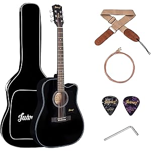JUAREZ Fiésta cm 104.14 cm (41 Inch) Acoustic Guitar Cutaway with Dual Action Truss Rod, JRZ41C/BK 21 Frets Rosewood Fretboard & Bridge, Bag, Strap, 2 Picks, Allen Key, Extra String Set, Black