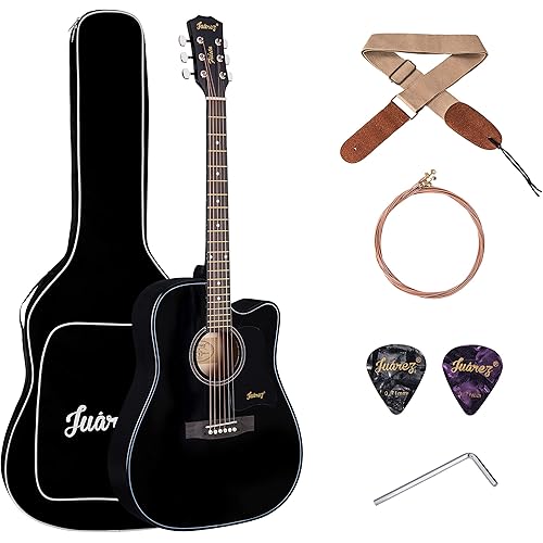 JUAREZ Fiésta cm 104.14 cm (41 Inch) Acoustic Guitar Cutaway with Dual Action Truss Rod, JRZ41C/BK 21 Frets Rosewood Fretboard & Bridge, Bag, Strap, 2 Picks, Allen Key, Extra String Set, Black