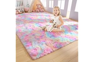 AROGAN Soft Rainbow Area Rugs for Girls Room 4x6 Feet, Fluffy Girls Bedroom Rugs, Princess Rug, Cute Colorful Carpet for Kids Teens Nursery Toddler, Pink