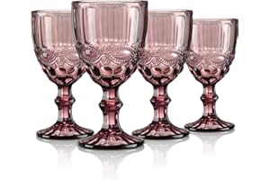 Joeyan Violet Verres à Eau ou à Vin en Relief,Coloré Rétro Verres à Boire,Verres à Gobelets pour Jus Soda Cocktails,300 ML,Lot de 4,Lavable au Lave-Vaisselle