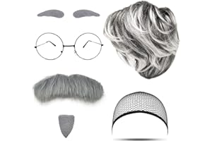 MIVAIUN 7tlg Opa Kostüm Set Alter Mann Kostümzubehör Großvater Accessoire Perücke Grauer Bart Augenbrauen Perückenkappe Brille Alter Mann Cosplay Zubehör für Halloween Party Karneval