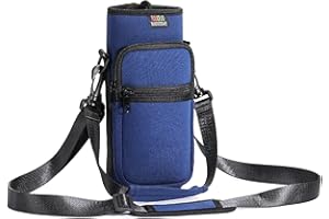 Nuovoware Water Bottle Carrier Bag, 750ml Bottle Pouch Holder, Adjustable Shoulder Hand Strap 2 Pocket Sling Neoprene Sleeve Sports Water Bottle Bag for Men Women Hiking Travelling, Dark Blue