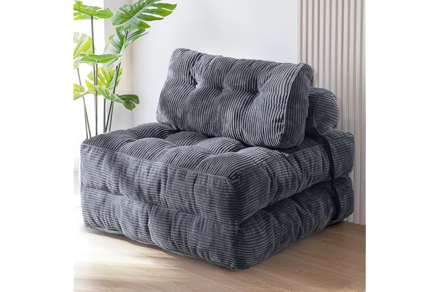 MAXYOYO Folding Sofa Bed, Convertible Sleeper Chair with Pillow Foldable Mattress with Back Support, Portable Fold Out Chair Bed Comfy Floor Sofa Lounge for Living Room Bedroom, Dark Grey