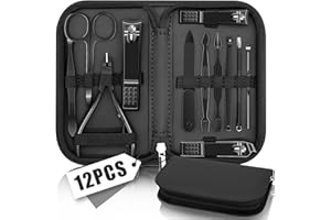 BLESWIN Set Manicure 12 Pezzi, Set Pedicure Professionale Piedi, Kit Manicure da Viaggio per Donne e Uomini, Kit di Pulizia delle Unghie per la Casa, Kit Tagliaunghie con Borsa da Viaggio in Pelle Nero
