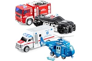 JOYIN Juego de 4 héroes urbanos impulsados por fricción Que Incluye camión de Bomberos, Ambulancia, Coche de policía y helicóptero, vehículos de Emergencia con luz y Sonido