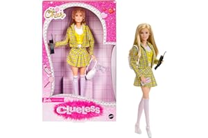Barbie Signature Clueless Słodkie zmartwienia Cher Lalka kolekcjonerska w żółtym stroju w kratę z plecakiem, „komórką” i tymczasowym prawem jazdy, JBJ34