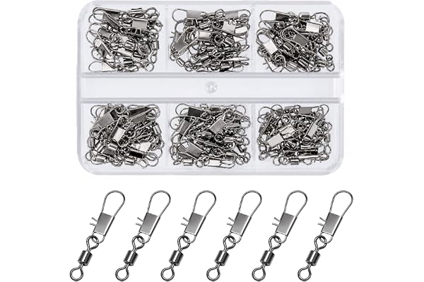 VEPEPE 120 stycken fiskeledvlar och kullagervirvlar för virvlar | 6 storlekar 6# 7# 8# 10# 12# 14#, fisketillbehörsset i rostfritt stål plus koppar, snap, lämplig för sportfiskaren baslina