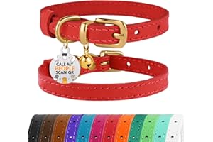 BRONZEDOG Collier pour Chat en Cuir avec Médaille QR-ID Amovible – Collier pour Chaton avec Grelots, Non-Anti-Étranglement, pour Femelles & Mâles (Rouge & Or, 18-22 cm)