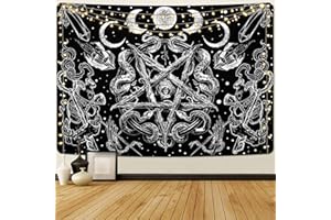 Alishomtll Tapisserie murale pentagramme esthétique gothique serpent squelette crâne phases de la lune tapisserie mystérieuse œil mural art mural pour chambre à coucher salon noir blanc 210 x 150 cm