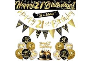 BALLOON GARLAND 21st Birthday Decorations Set, 18Pcs Black Gold Balloons kit with Banners, Cake Topper, Triangle Flags, Black Gold and Sequin Balloons, Sash for Men Women Birthday Party Decoration Supplies