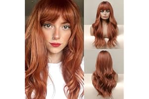 Kellynee Ginger Wig with Bangs - Auburn Wigs for Women, Copper Red Long Wavy Layered Realistic Hair, Natural Synthetic Heat Resistant Wigs, Best Wigs for Daily/Halloween/Party/Cosplay