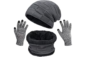 Petrunup Cappello Sciarpa e Guanti Touch Screen Uomo Invernali Berretto in Maglia con Sciarpa Beanie Collo della Ciarpa 3/2 Pezzi per Uomo Donna