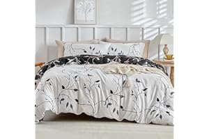 Tokokimo Set Copripiumino Matrimoniale 240x220cm, Copripiumino Matrimoniale 3 Pezzi in Microfibra Con Motivo a Ramoscelli e Foglie, Comprendente 1 Copripiumino 240x220 + 2 Federe 50x80, Nero/Bianco