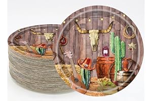 GOGUOGOFA 50Pcs Western Party Plates Cowboy Supplies 7''Wild West Dessert Paper Wood Grain Theme Baby Shower Camp Fire Camping Barn Wild Birthday Decoration