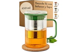 Cosumy Taza para Infusiones con Tapa y Filtro, 450ml - Vaso de Té de Vidrio Borosilicato con Asas de Colores y Posavasos de Corcho (Verde)