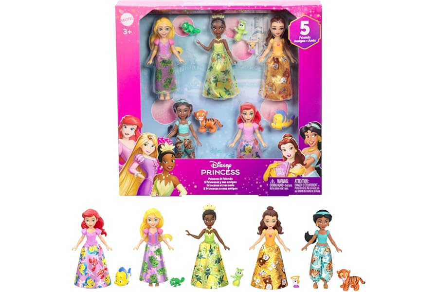 Mattel Disney Princess & Friends Set with 5 Posable Small Dolls in Removable Skirts or Pants & 5 Friend Figures, Inspired by the Disney Movies, JBL33