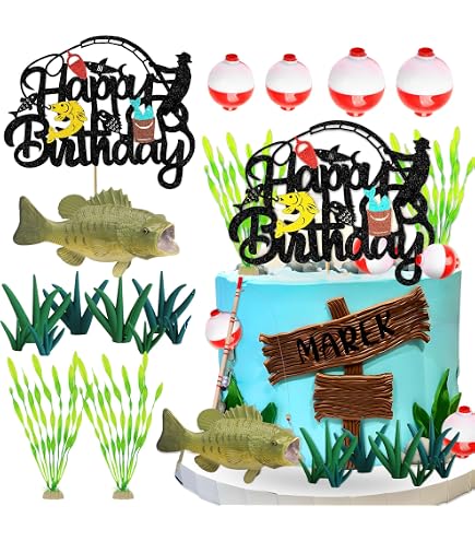 Fishing Themed Cake Topper – Blue Glitter 'Happy Birthday Little Fisherman' Decor For Fisher Birthday Parties (Non-Edible) - View #7