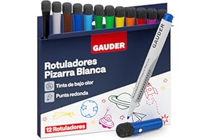 GAUDER Set de Rotuladores para Pizarra Blanca (12 piezas – 12 colores) | Borrables en seco sin dejar residuos | Rotuladores borrables con esponja, ideales para pizarras blancas y magnéticas