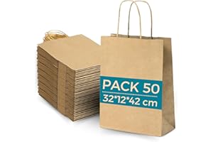 ESPIRITO REBELDE Lot 50 Sacs Papier Kraft Marron avec Anses 32x12x42cm - Sac pour Shopping Cadeaux Mariages