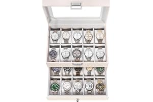 BEWISHOME Uhrenbox Organizer 20 Fächer Uhrenbox Herren Display Aufbewahrungsbox Metallscharnier Weißes PU-Leder Glasdeckel Großer Uhrenaufbewahrung, Uhrenkasten Damen, Weiß ESSH04W