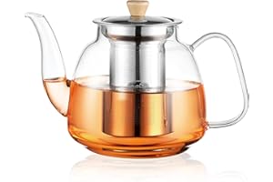 CNGLASS 37.5oz(1100ml) Glass Teapot with Infuser,Clear Glass Tea Kettle with Removable Stainless Steel Strainer,Stovetop Safe Glass Teapot for Blooming and Loose Leaf Tea