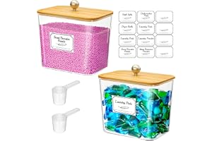 Lifewit 2-Pack Förvaringsburkar för Tvättmedel med Etiketter och Skedar, Behållare för Tvättmedelspulver med Lock i Bambu, Tv