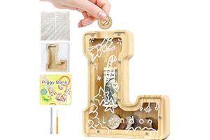 Mikytoper Money Box for Kids, Wooden Letter Piggy Banks for Kids, Personalized Money Box Clear Money Bank, Boys Girls Toddler Birthday Festival Gift (L)