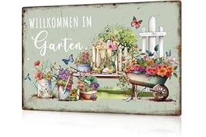 Putuo Decor 1 targa da giardino in metallo con fiori, vintage, decorazione da parete, per terrazza, giardino, veranda, 7,9 x 11,8 pollici (ILLKOMMEN IM)