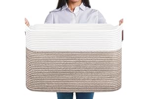 JOJOSEE Large Storage Basket, Blanket Basket for Clothes Bedding, Woven Storage Baskets, Toy Storage for Kids, Rope Basket for Living Room, Nursery, Bedroom 55x38x30 cm (White&Brown, 1 Pack)