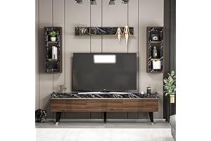 HOMIDEA KARYA Set Soggiorno - Parete Attrezzata - Mobile TV Porta con 3 Armadietti per Salotto con mensola in Moderno Design (Noce/Marmo)