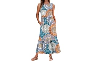 AUSELILY Vestito Lungo Estivo Donna Senza Maniche Vestito Donna Estivo Scollo Rotondo Vestito da Mare Spiaggia Lungo Abito Casual con Tasche