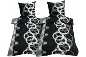 ‎LEONADO VICENTI Leonado Vicenti 4teilige Bettwäsche 155x200 Mikrofaser Bettbezug mit Reißverschluss Schwarz Grau Kreise Gestreift